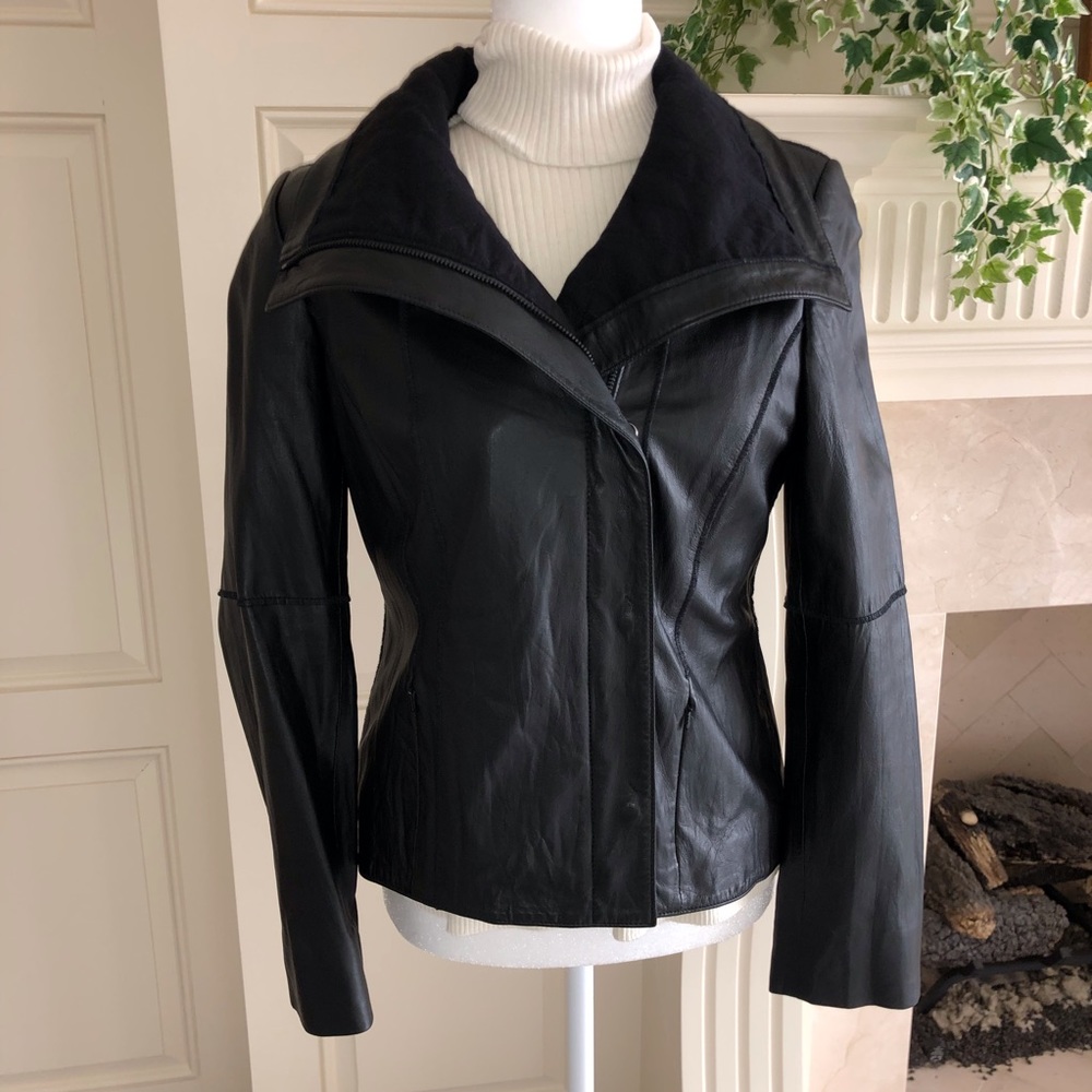 Worth Black Leather Jacket with Fold Collar